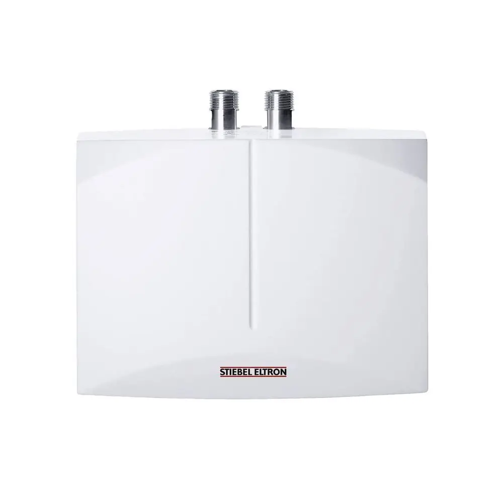Mini-Durchlauferhitzer in Weiß von Stiebel Eltron, mit zwei Anschlussgewinden, flache Bauform und einfache Montage, geeignet für die Warmwasserversorgung in Haushalten.